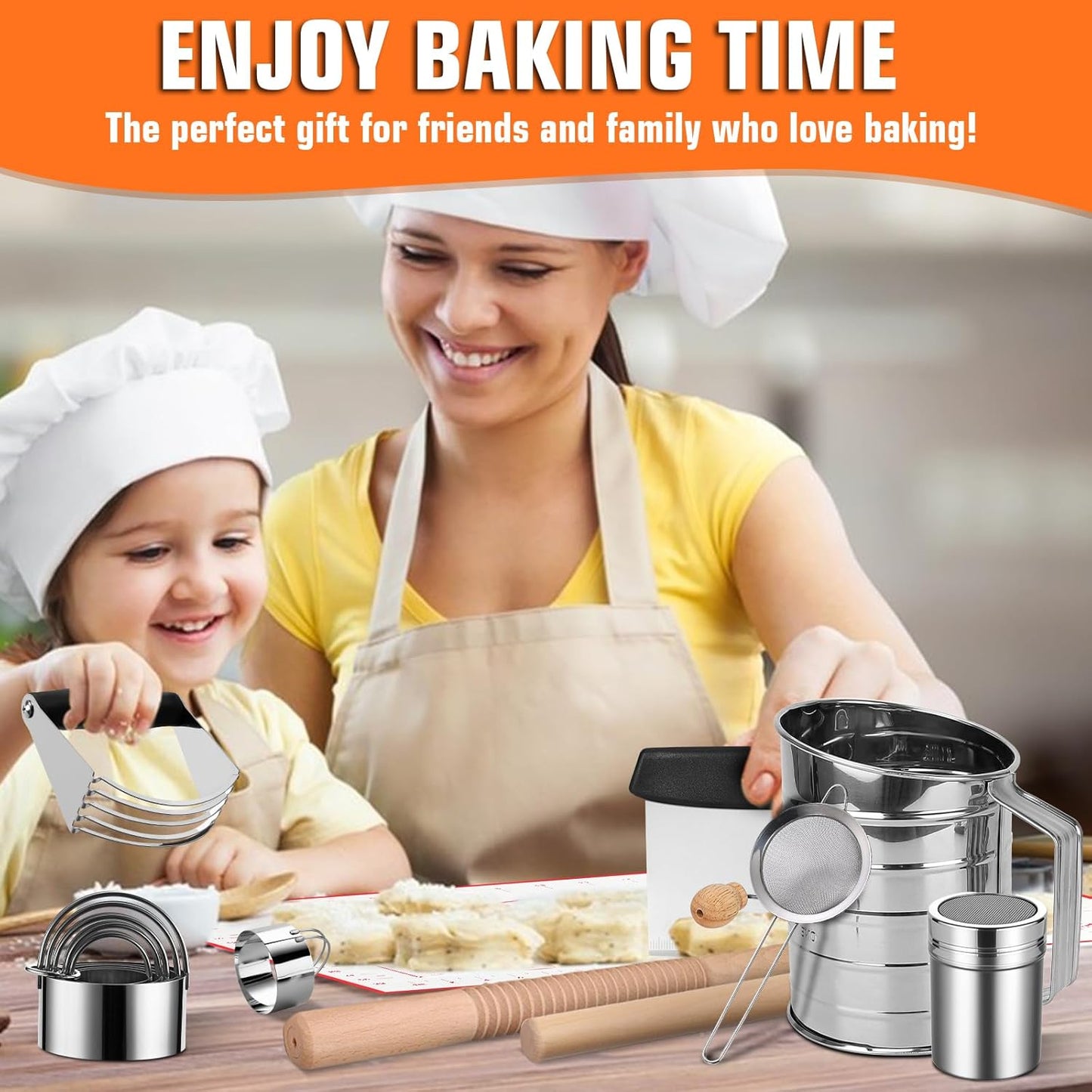 Biscuit Cutter Set,10PCS Stainless Steel Pastry Blender Set with Pastry Cutter,5PCS Biscuit Cutter,Dough Cutter,3 Cup Flour Sifter,Baking Mat and Fine Mesh Strainer for Cooking Cookies and Donuts