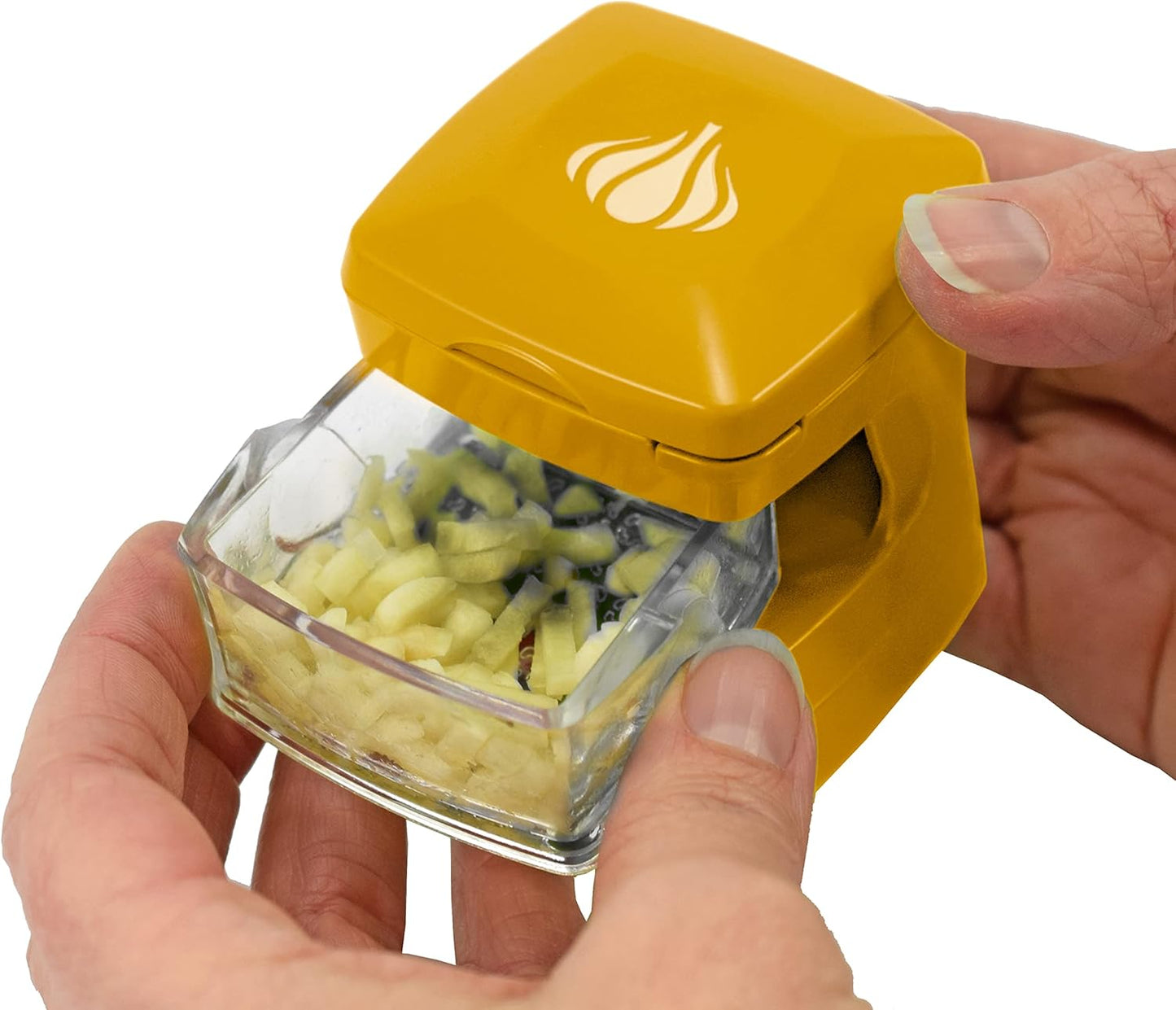Garlic-A-Peel Garlic Press, Crusher, Cutter, Mincer, and Storage Container - Includes Silicone Garlic Peeler - Easy to Clean - Stainless Steel Blades – (Black), standard