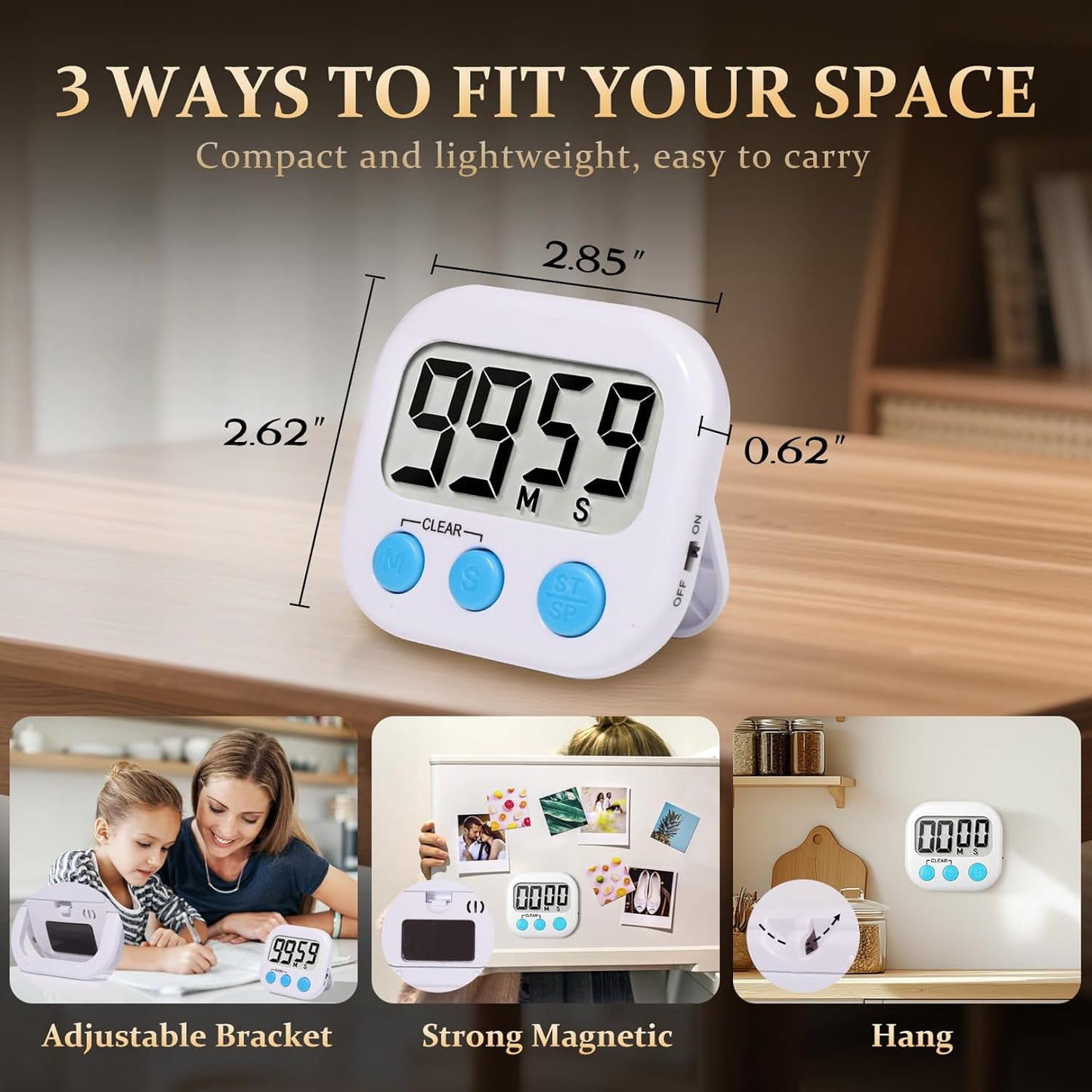 6 Pack Digital Kitchen Timer Small Classroom Timers for Kids Teachers (Blue&White)