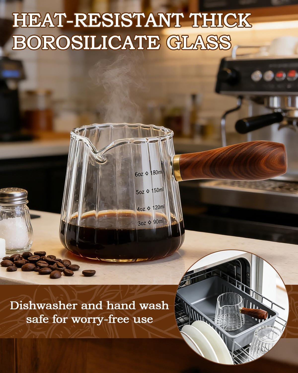 Espresso Measuring Cup, 6oz Borosilicate Glass Espresso Cups with Wood Handle (2.71in Long Grip), V-Shaped Spout Ribbed Milk Frothing Cup for Coffee, Latte, Tea, Syrup – Dishwasher Safe