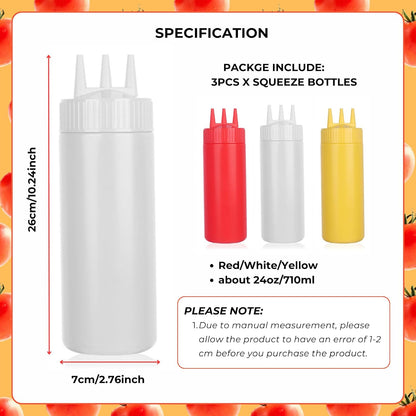 beyonday 3pcs Seasoning Squeeze Bottles, 3 Hole Ketchup Mustard Dressing Squeeze Squirt Bottles, Salad Sauce Condiment Cream Squeeze Bottles for Kitchen Restaurant Bakery (24oz, Multicolor)