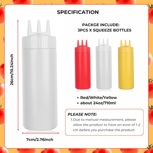 beyonday 3pcs Seasoning Squeeze Bottles, 3 Hole Ketchup Mustard Dressing Squeeze Squirt Bottles, Salad Sauce Condiment Cream Squeeze Bottles for Kitchen Restaurant Bakery (24oz, Multicolor)