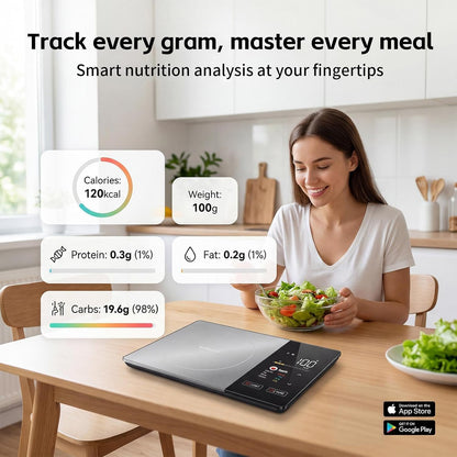 TFT Dual Display Smart Nutrition Scale with App, Tracks Calories, Fat, Carbs & Protein, 1g Precision, 5kg/11lb, 50 Foods 24 Nutrients, for Meal Prep, Keto & Healthy Diet