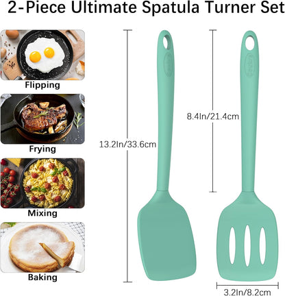 Coukre 2 Pack Silicone Spatula Set, High Heat Resistant, BPA Free Kitchen Spatula, Solid & Slotted Turner for Non-Stick Pans, Sautéing, and Flipping (2, PureBlack)
