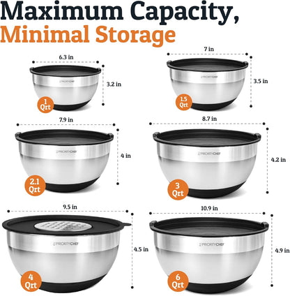 Priority Chef 6Pc Large Mixing Bowls With Lids Set with Non-Slip Bases, Stainless Steel Mixing Bowl Set, 6 Airtight Lids and 3 Graters, Turquoise