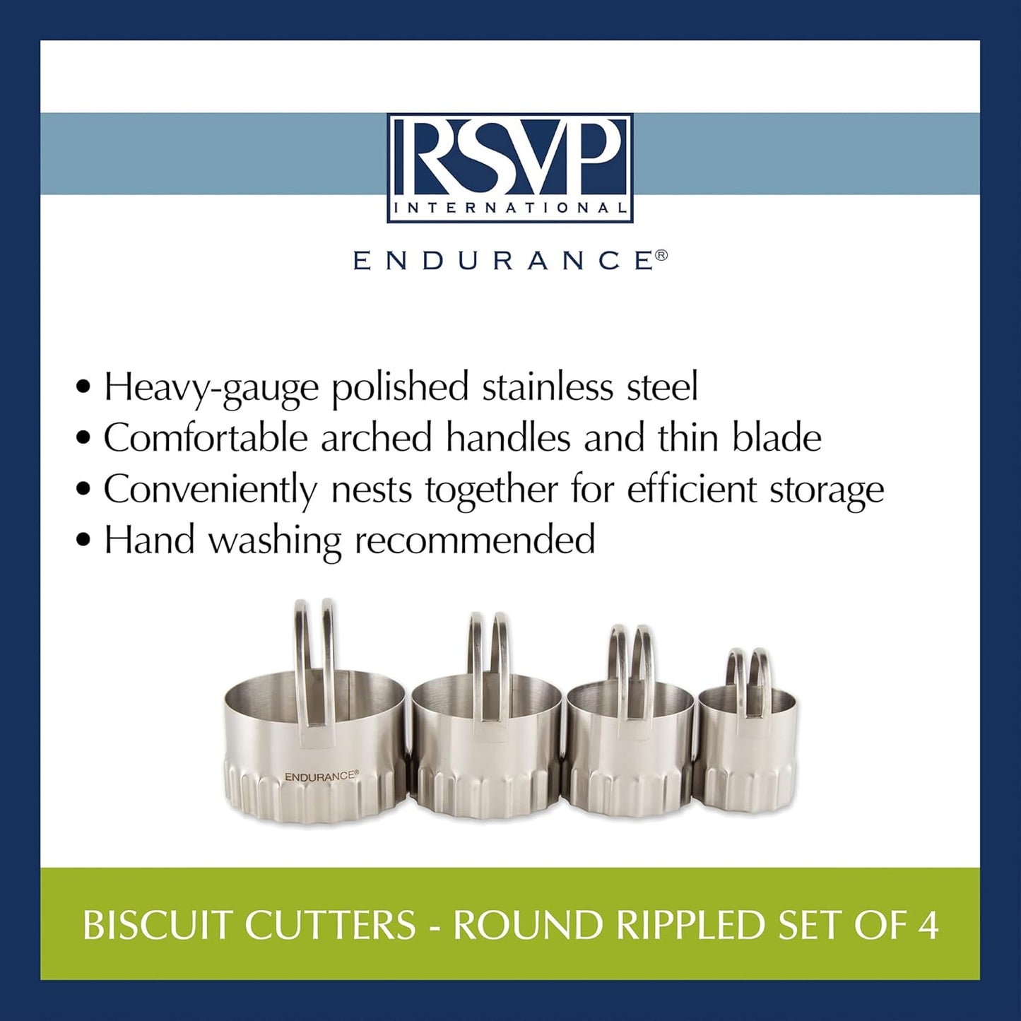 RSVP International Endurance Round Biscuit Cutters - Stainless Steel, Set of 4 | Nest for Easy Storage | For Cutting Thick or Thin Dough | Professional | High Handle Arch