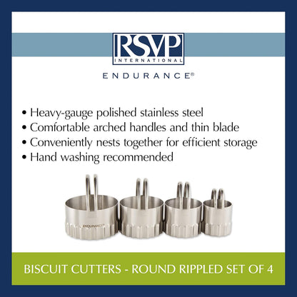 RSVP International Endurance Round Biscuit Cutters - Stainless Steel, Set of 4 | Nest for Easy Storage | For Cutting Thick or Thin Dough | Professional | High Handle Arch