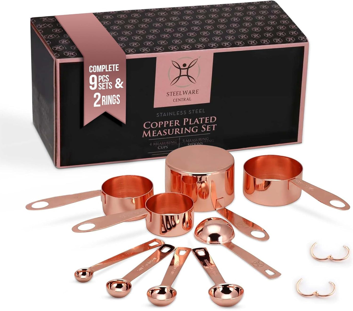 Copper Measuring Cups and Spoons Stainless Steel 9 pieces with 2 Rings