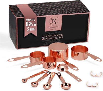 Copper Measuring Cups and Spoons Stainless Steel 9 pieces with 2 Rings