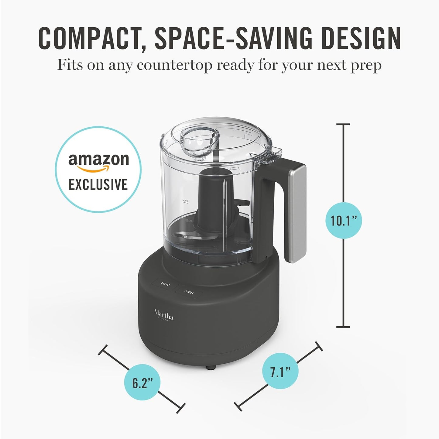 Martha Stewart 3 Cup Electric Food Chopper, Vegetable & Herb Mini Food Processor, 24oz BPA-Free Bowl, Stainless Steel Blades, Pour Spout, Dicing, Mincing, Chop & Puree, Dishwasher Safe, Sky