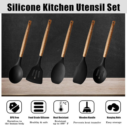 Kitchen Utensils Set, Silicone Cooking Utensils Set,Non-Stick Silicone Spatula Set with Natural Acacia Hard Wood Handle, 5 Piece, Upgraded Thickened Cookware