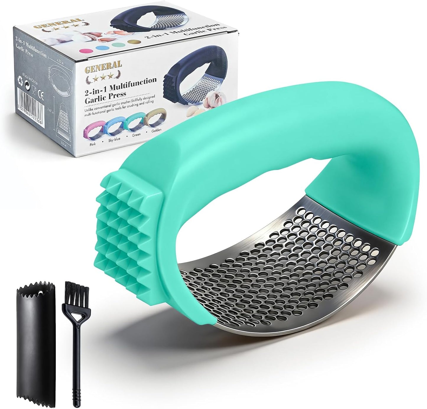 Garlic Press Rocker 304 Stainless Steel Garlic Mincer Crusher Easy to Clean Dishwasher Safe Textured End for Light Tenderizing, with Silicone Peeler and Cleaning Brush (Pink)