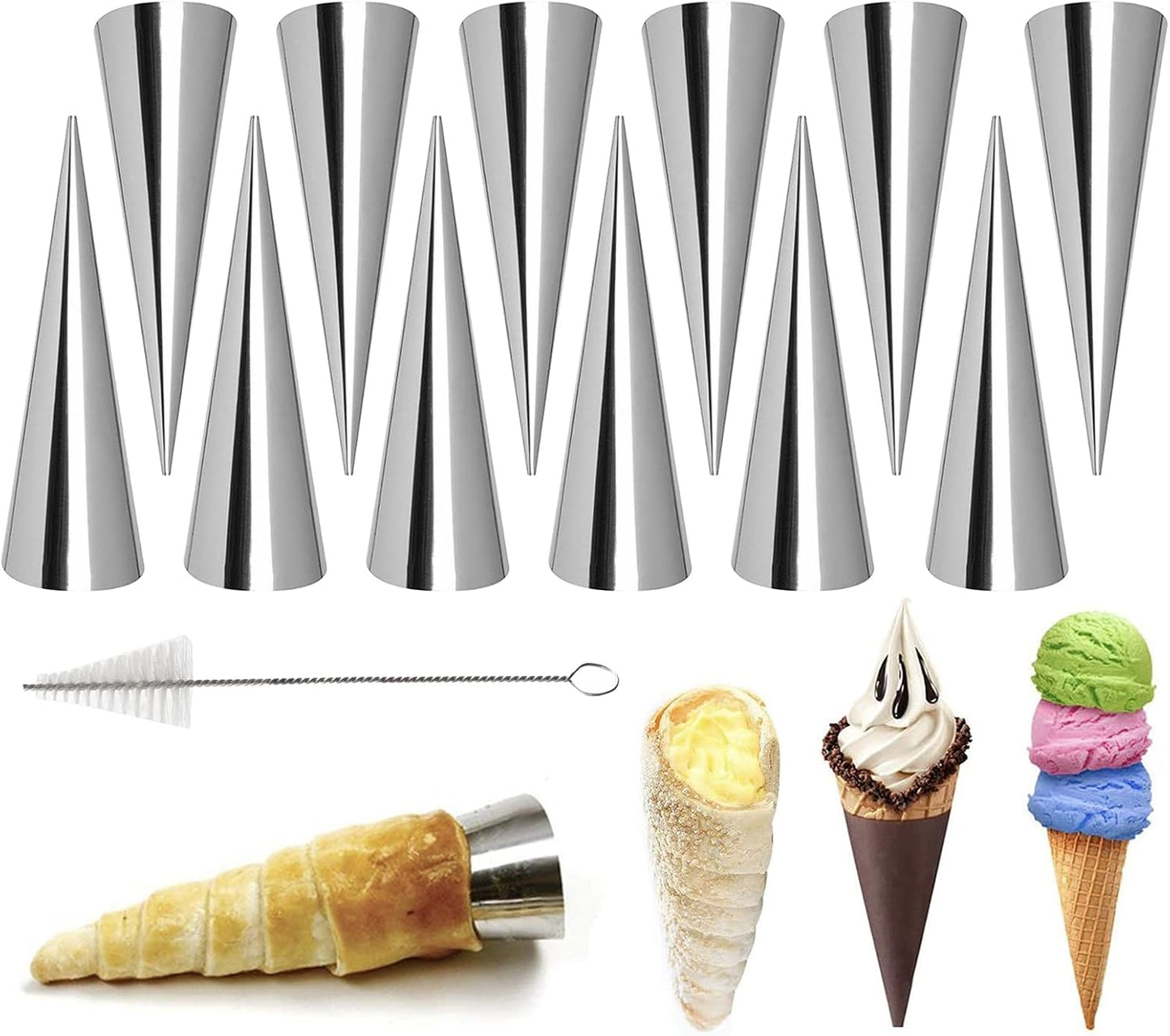 Non-stick Cream Cannoli Tubes, FantasyDay 12 Pcs Stainless Steel Baking Cones Pastry Roll Horn Croissant Mold Cannoli Shells with 1 Clean Brush - Pastry Baking Set for Christmas Cake Anniversary Party