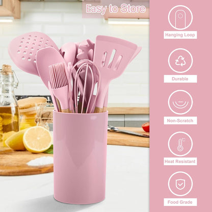 E-far Cooking Utensils Set of 6, Silicone Kitchen Utensils with Wooden Handle, Non-stick Cookware Friendly & Heat Resistant, Includes Spatula/Ladle/Slotted Turner/Serving Spoon/Spaghetti Server(Khaki)