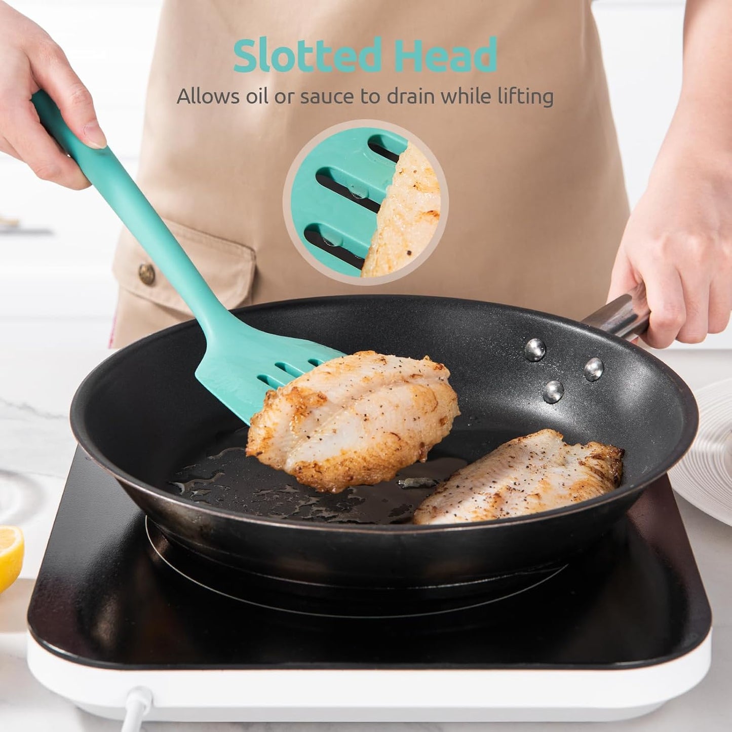 600ºF Heat Resistant Slotted Turner: U-Taste 13.6in Silicone Kitchen Spatula Flipper, 3.74in Wide Food Grade Flexible Thin Rubber Cooking Utensil for Egg, Pancake, Cookie in Nonstick Cookware (Red)