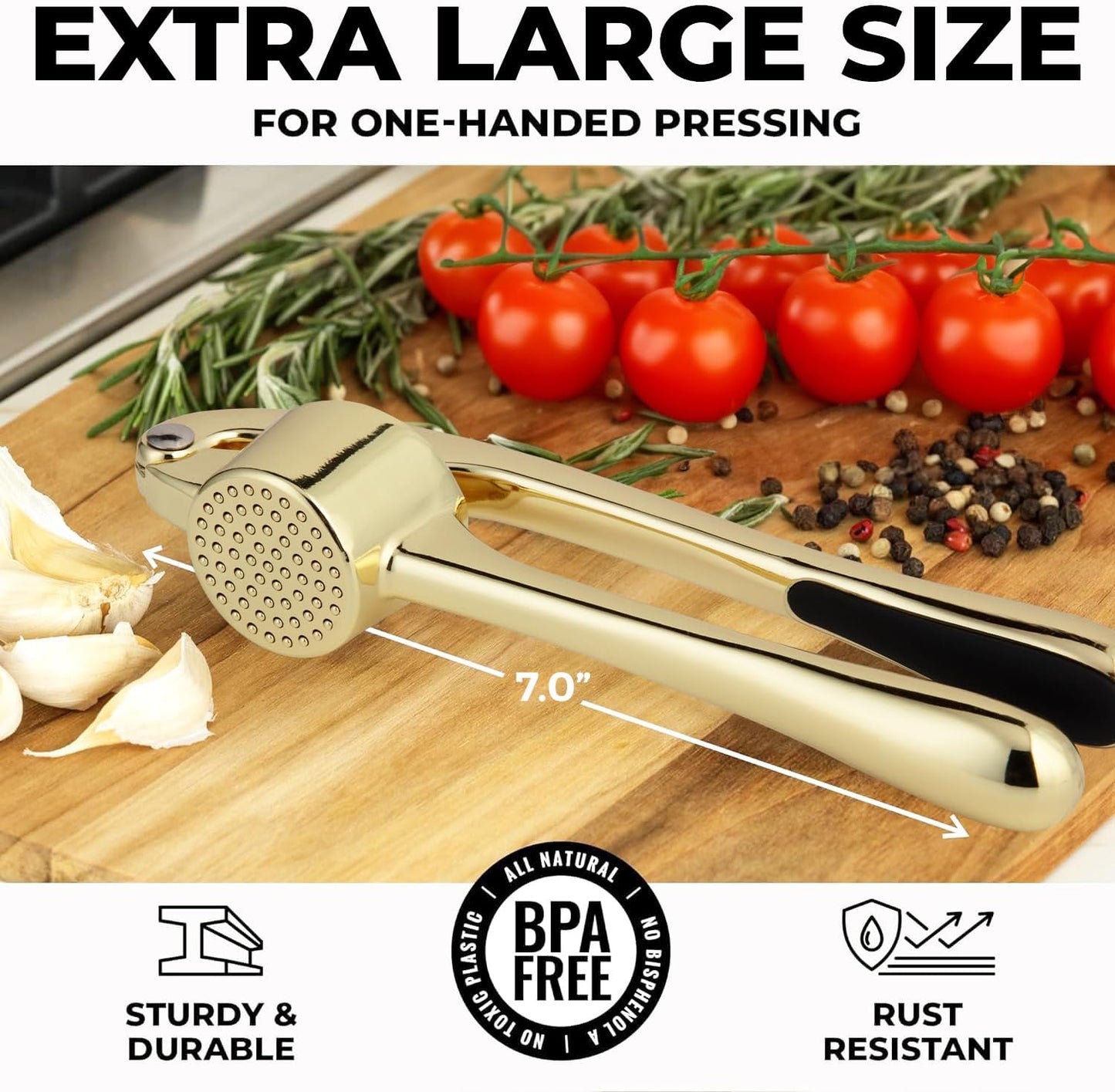 Zulay Kitchen Premium Garlic Press Set - Rust Proof Professional Garlic Mincer Tool - Easy-Squeeze, Easy-Clean with Soft, Ergonomic Handle - Silicone Garlic Peeler & Brush (Silver)