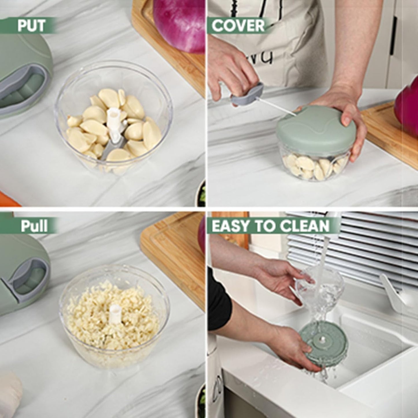 Garlic Chopper with Container, Manual Food Chopper Pull-String, Vegetable Onion Mincer, Hand Food Processor, Kitchen Cutter for Chili Ginger Herb Seasoning, Green 500ml