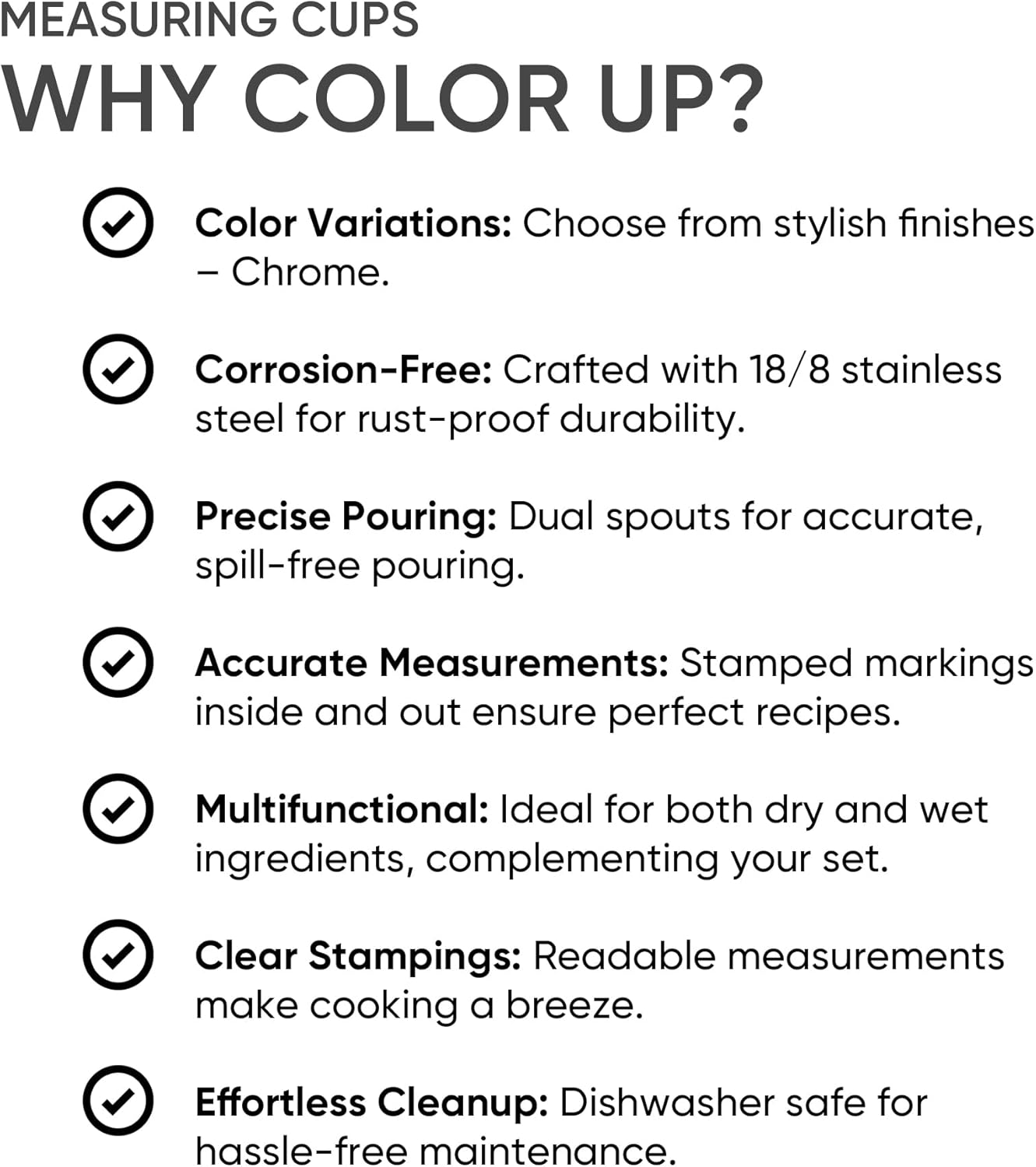 Color Up 2 Cup Measuring Cup, 480ml Stainless Steel Metal, Easy-Pour Spouts, Engraved Markings, Flat Base, Dishwasher Safe, for Dry and Liquid Ingredients