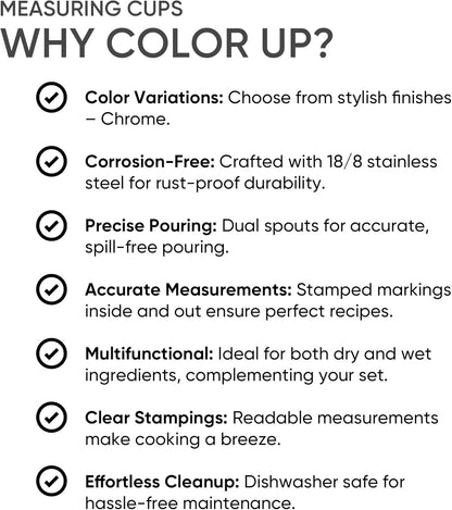 Color Up 2 Cup Measuring Cup, 480ml Stainless Steel Metal, Easy-Pour Spouts, Engraved Markings, Flat Base, Dishwasher Safe, for Dry and Liquid Ingredients