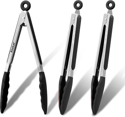 Anaeat Non-Stick Silicone Locking Tong Set of 3 - Stainless Steel 7", 9", 12" Kitchen Food Tongs with Non-Slip Silicone Tips and Grip for Cooking, Baking and BBQ - Heat Resistant up to 480°F (Black)