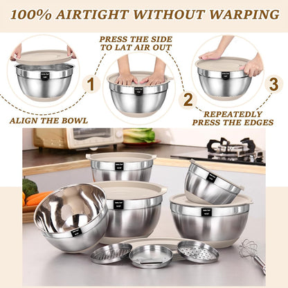 Umite Chef Mixing Bowls with Airtight Lids Set, 8PCS Stainless Steel Nesting Bowls with Grater Attachments, Non-Slip Bottoms, 5, 4, 3.5, 2, 1.5QT for Mixing & Serving