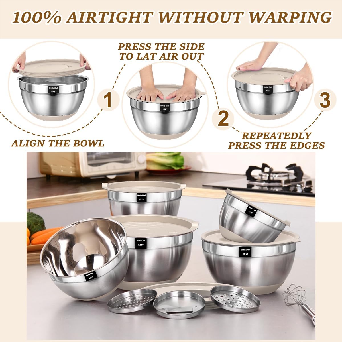 Umite Chef Mixing Bowls with Airtight Lids, 8PCS Stainless Steel Nesting Mixing Bowls Set, 3 Grater Attachments & Non-Slip Bottoms, Black Kitchen Bowls, Size 5, 4, 3.5, 2, 1.5QT for Baking & Serving