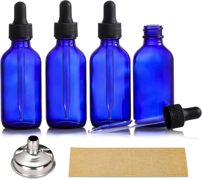 4 Pack, 2 oz Bottles with Dropper & 1 Funnel & 4 Labels - Essential Oils Bottles for Health, Personal Care & Beauty - 60ml Thick Dark Amber Glass Tincture Bottles, Refillable Cosmetic Containers