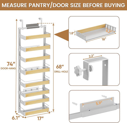 POKIPO 8 Tier Over The Door Pantry Organizer, 2 IN 1 Wall Mount or Hanging Spice Rack Seasoning Shelves with Adjustable Basket, Back of Door Organizer and Storage for Kitchen Cabinet and Room Closet