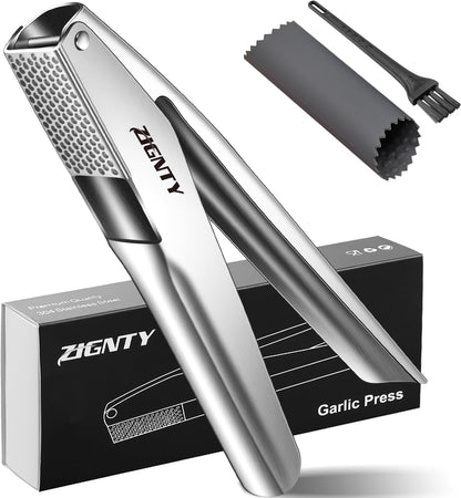 Garlic Press Stainless Steel，Professional Garlic Mincer Tool No Need to Peel，Dual Lever-Assisted Garlic Masher with Large Chamber，High Effective Garlic Crusher & Garlic Presser Dishwasher Safe