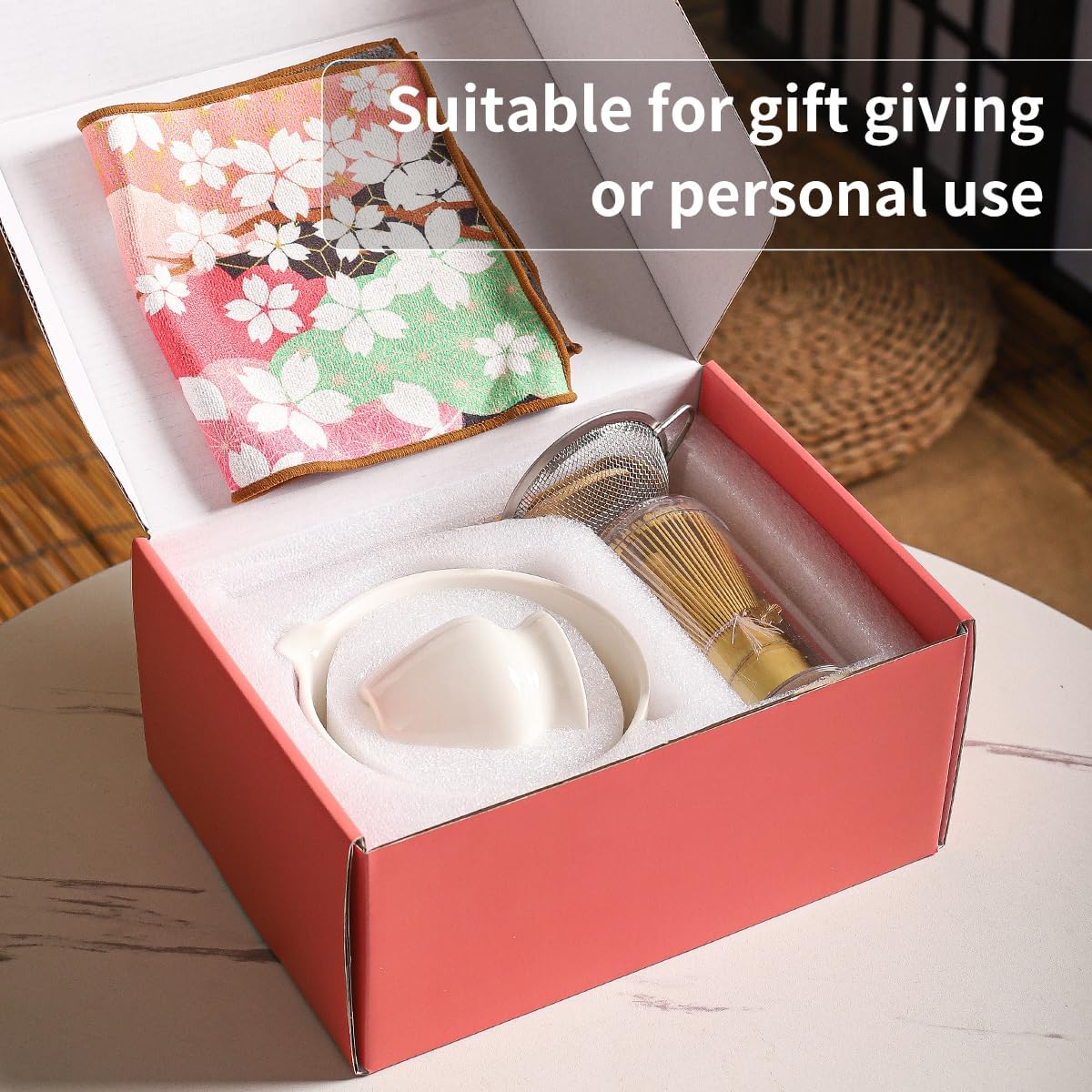 8-Piece Matcha Ceremony Set - Tea Kit with Cherry Blossom Bowl, Bamboo Whisk, Wood Scoops, Tea Cloth & Floral Display - Gift-Ready Pink Cherry color box (blue)