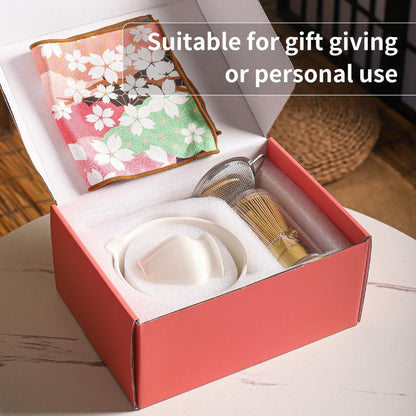8-Piece Matcha Ceremony Set - Tea Kit with Cherry Blossom Bowl, Bamboo Whisk, Wood Scoops, Tea Cloth & Floral Display - Gift-Ready Pink Cherry color box (blue)