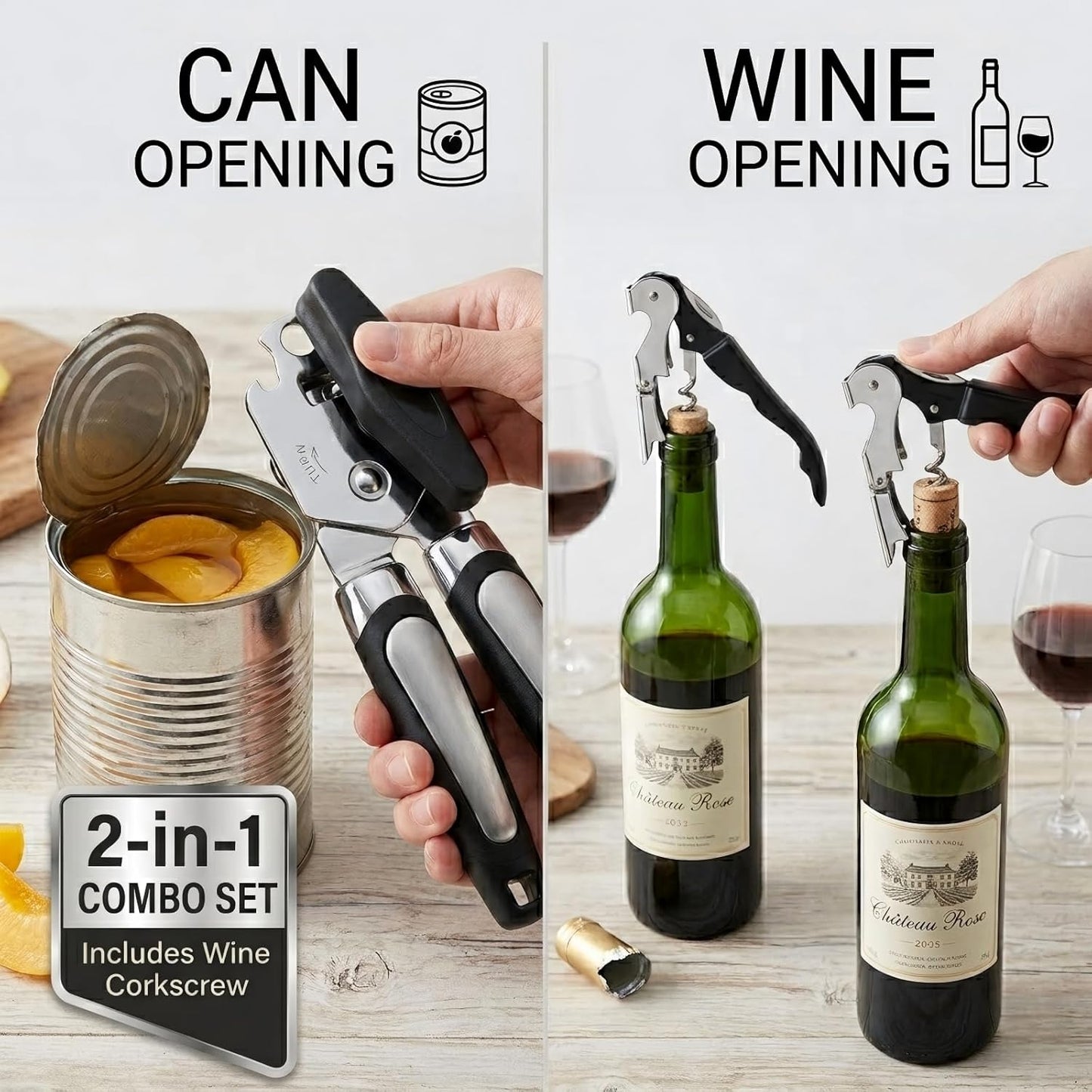 Phmnkl Manual Can Opener & Wine Corkscrew Set, Smooth Edge Safe Cut, Ergonomic Soft Grip for Seniors & Arthritis, Food Grade Stainless Steel, Great Kitchen Gift for Home & Camping