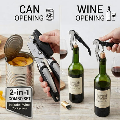 Phmnkl Manual Can Opener & Wine Corkscrew Set, Smooth Edge Safe Cut, Ergonomic Soft Grip for Seniors & Arthritis, Food Grade Stainless Steel, Great Kitchen Gift for Home & Camping