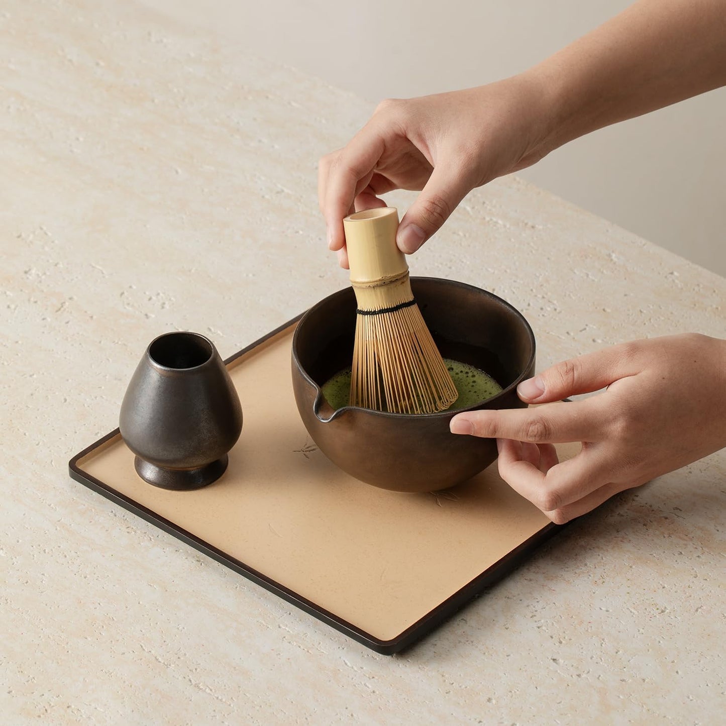 Matcha Whisk Set, Matcha Set with Ceramic Matcha Bowl, Bamboo Whisk & Holder, Sifter, Tea Scoop (Black Gold)