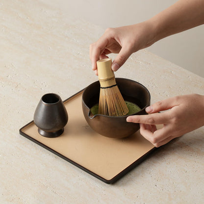 Matcha Whisk Set, Matcha Set with Ceramic Matcha Bowl, Bamboo Whisk & Holder, Sifter, Tea Scoop (Black Gold)