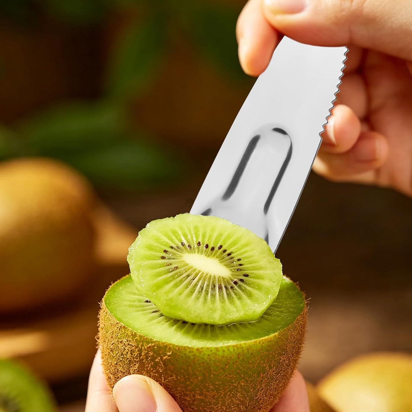 6pcs Stainless Steel Kiwi Knife and Spoon, 2-in-1 Flexible Kiwi Peeler and Fruit Scoop Tool, Multipurpose Mango Slicer and Avocado Cutter for Kitchen and Travel, Silver