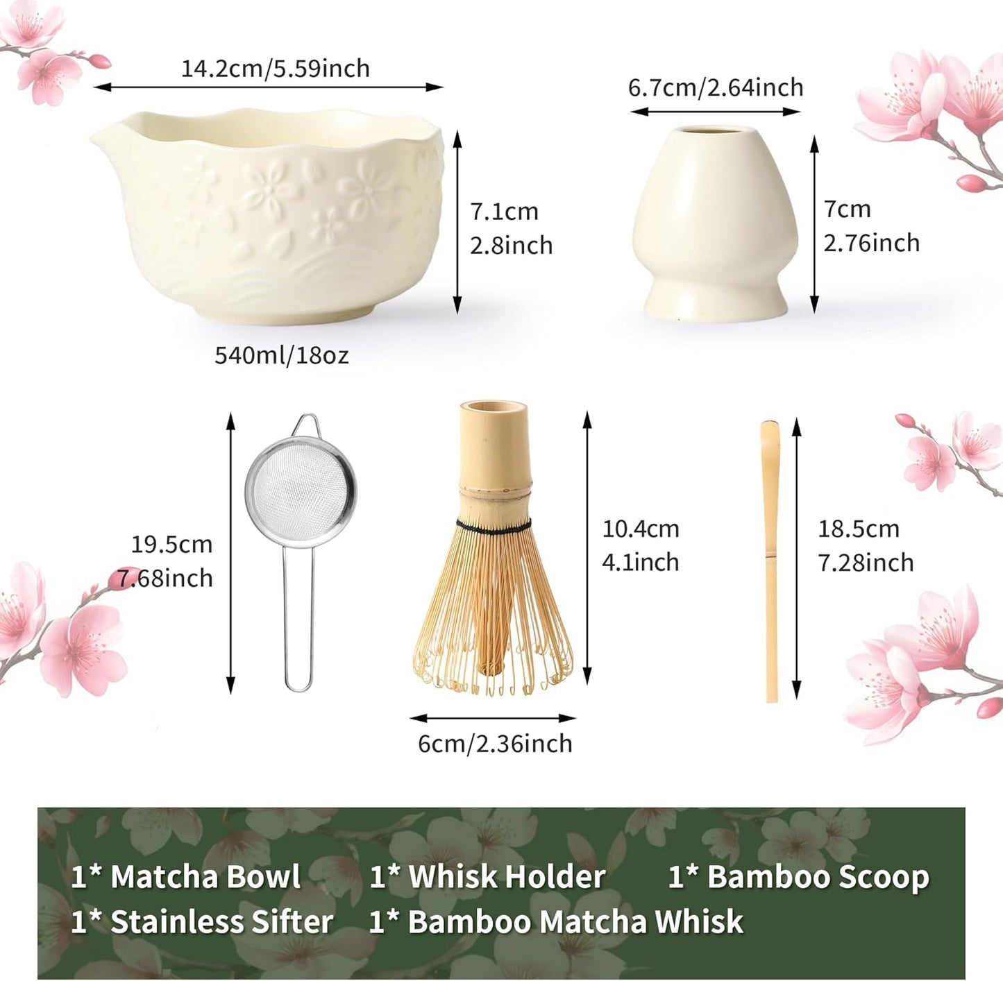 Matcha Whisk Set, 5 Pcs Ceramic Matcha Set, Matcha Kit Set Includes Matcha Bowl, Matcha Whisk and Holder, Bamboo Scoop and Sifter, Matcha Tea Set, Ideal Gift for Family/Friend (Pink)