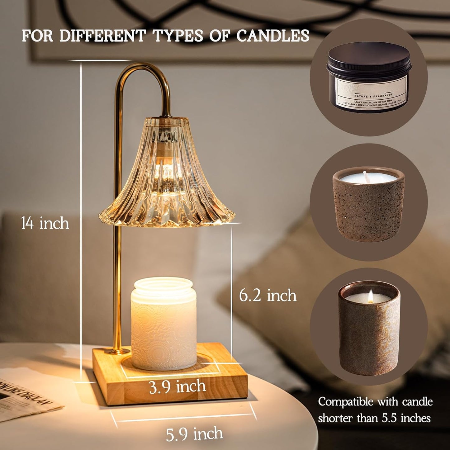 Marycele Candle Warmer Lamp with Timer & Dimmer - Mothers Day Gifts for Women Mom Her, Aesthetic Office Home Decor, Adjustable Height Wax Melter for Candle Jar & 3-Wick Candles (2 Bulbs Included)