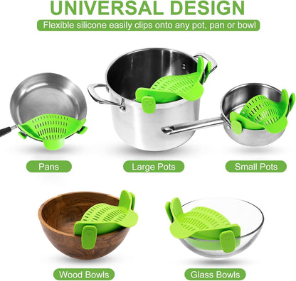 Pasta Strainer Clip-on Silicone Colander for Pot, Pan & Bowl, Heat-Resistant BPA Free Food Drainer with Stainless Steel Clips for Noodle, Meat, Fruit & Vegetable, Space Saving Kitchen Gadget