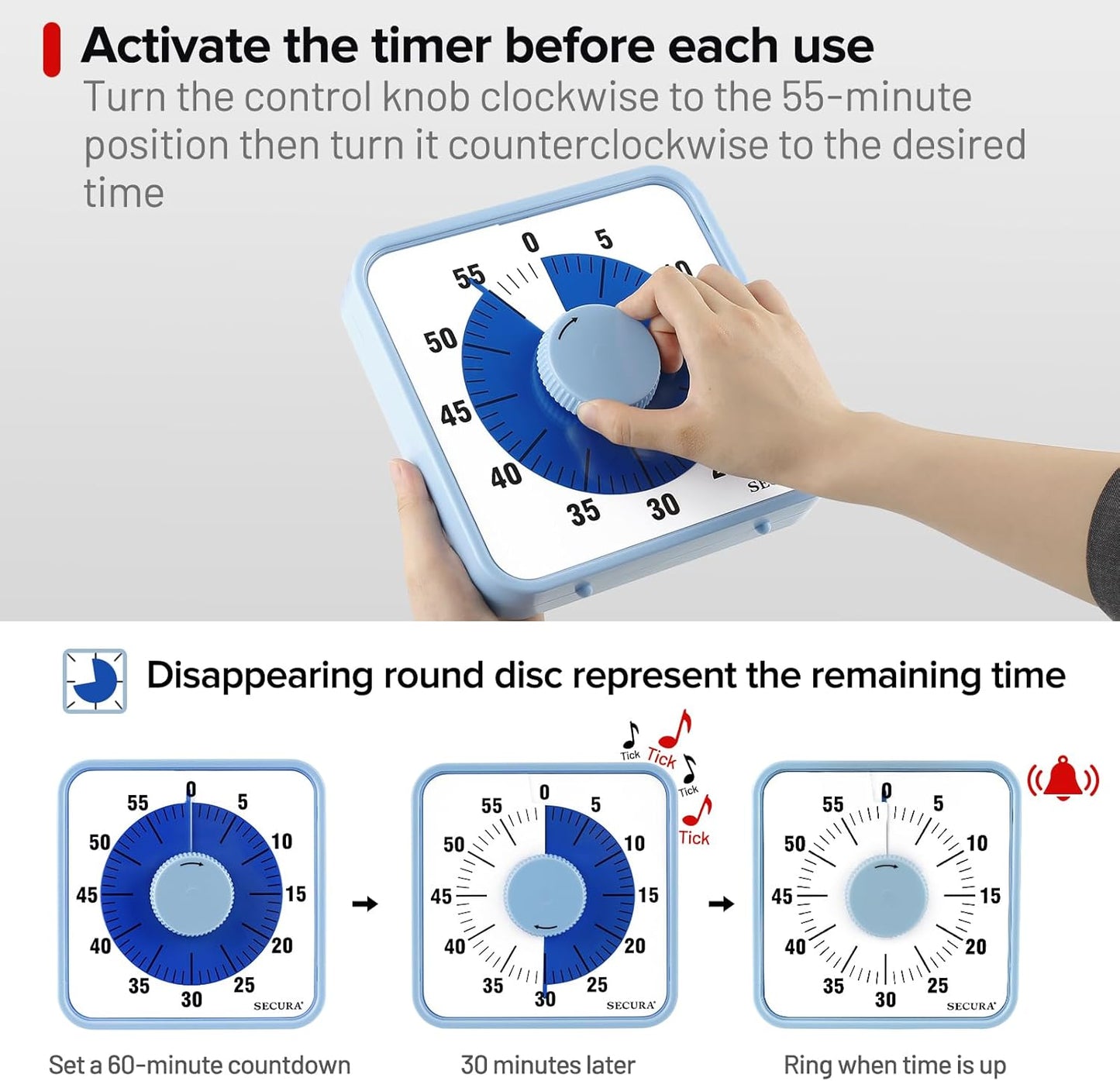 Secura 60-Minute Visual Countdown Timer, 7.5-Inch Oversize Classroom Visual Timer for Kids and Adults, Durable Mechanical Kitchen Timer Clock with Magnetic Backing (Blue)