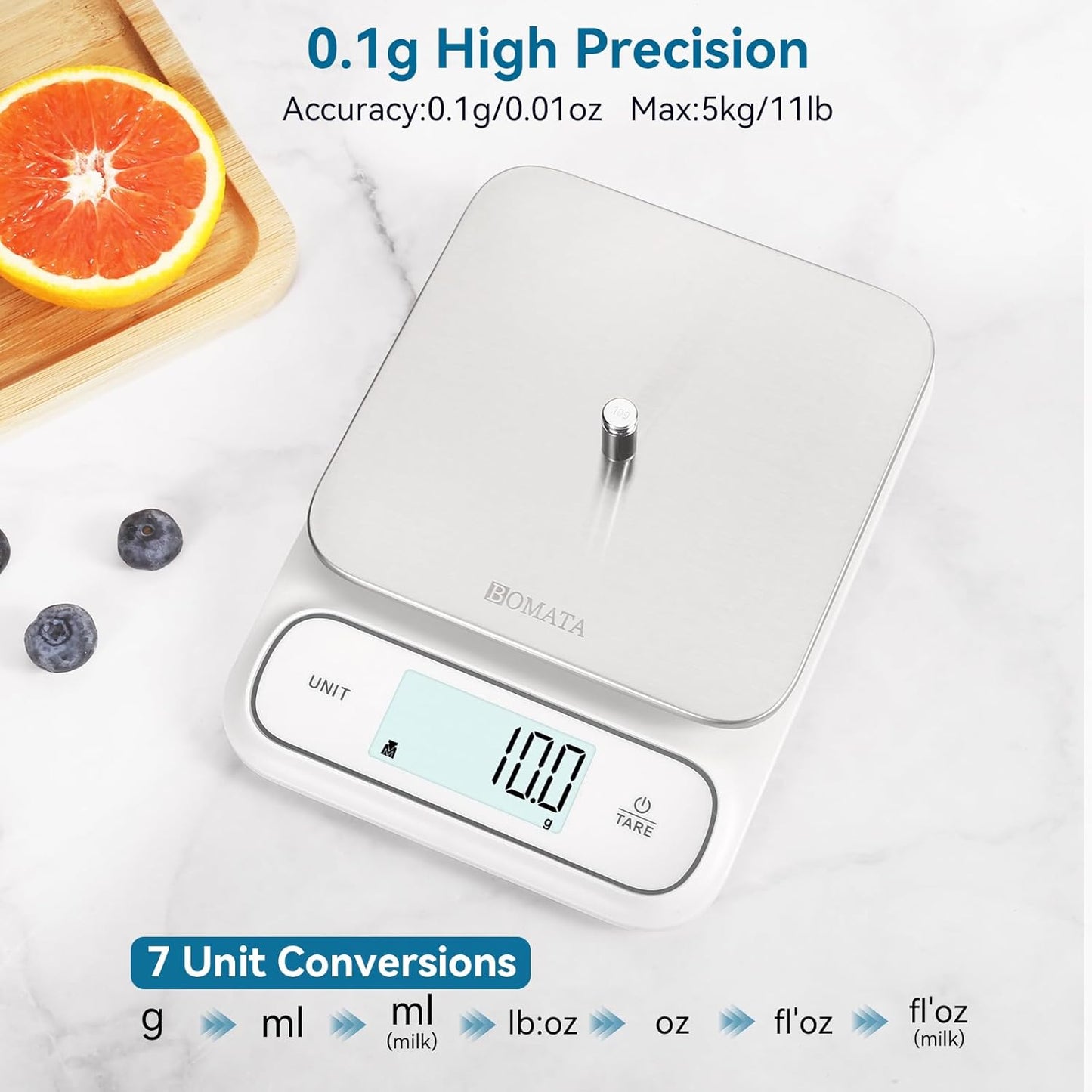 BOMATA Waterproof IPX6 Kitchen Scale, 0.1 g/0.01 oz High Precision, 5 kg/11 lbs, Digital Scale with Backlight, Stainless Steel Weighing Platform, for Food, Cooking, Baking, Weight Loss.. B619, Grey