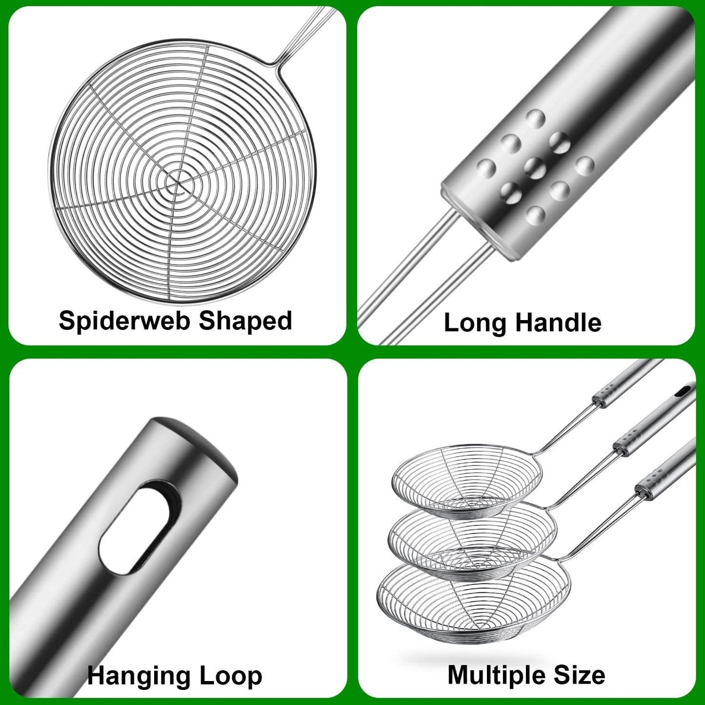 Swify Spider Strainer Set of 3 Asian Strainer Ladle Stainless Steel Wire Skimmer Spoon with Handle for Kitchen Frying Food, Pasta, Spaghetti, Noodle-30.5cm, 32cm, 35cm