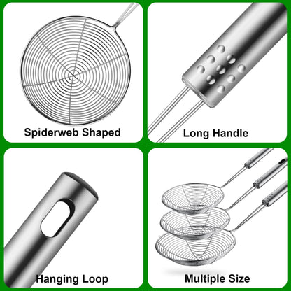 Swify Spider Strainer Set of 3 Asian Strainer Ladle Stainless Steel Wire Skimmer Spoon with Handle for Kitchen Frying Food, Pasta, Spaghetti, Noodle-30.5cm, 32cm, 35cm