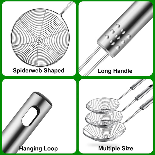 Swify Spider Strainer Set of 3 Asian Strainer Ladle Stainless Steel Wire Skimmer Spoon with Handle for Kitchen Frying Food, Pasta, Spaghetti, Noodle-30.5cm, 32cm, 35cm