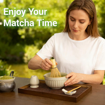 7pcs Matcha Whisk Set with 18oz Spout Bowl, Japanese Tea Ceremony Kit, Natural Bamboo Whisk Scoop, Ceramic Holder Sifter Towel, Best Gift for Beginners and Matcha Lovers