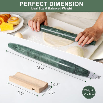 Marble French Rolling Pin for Baking, 12 Inch Non Stick Polished Rolling Pin for Dough, Heavy Dough Roller for Fondant Pizza Pie Crust Cookie Pastry Bread, Kitchen Baking (Indian Green)