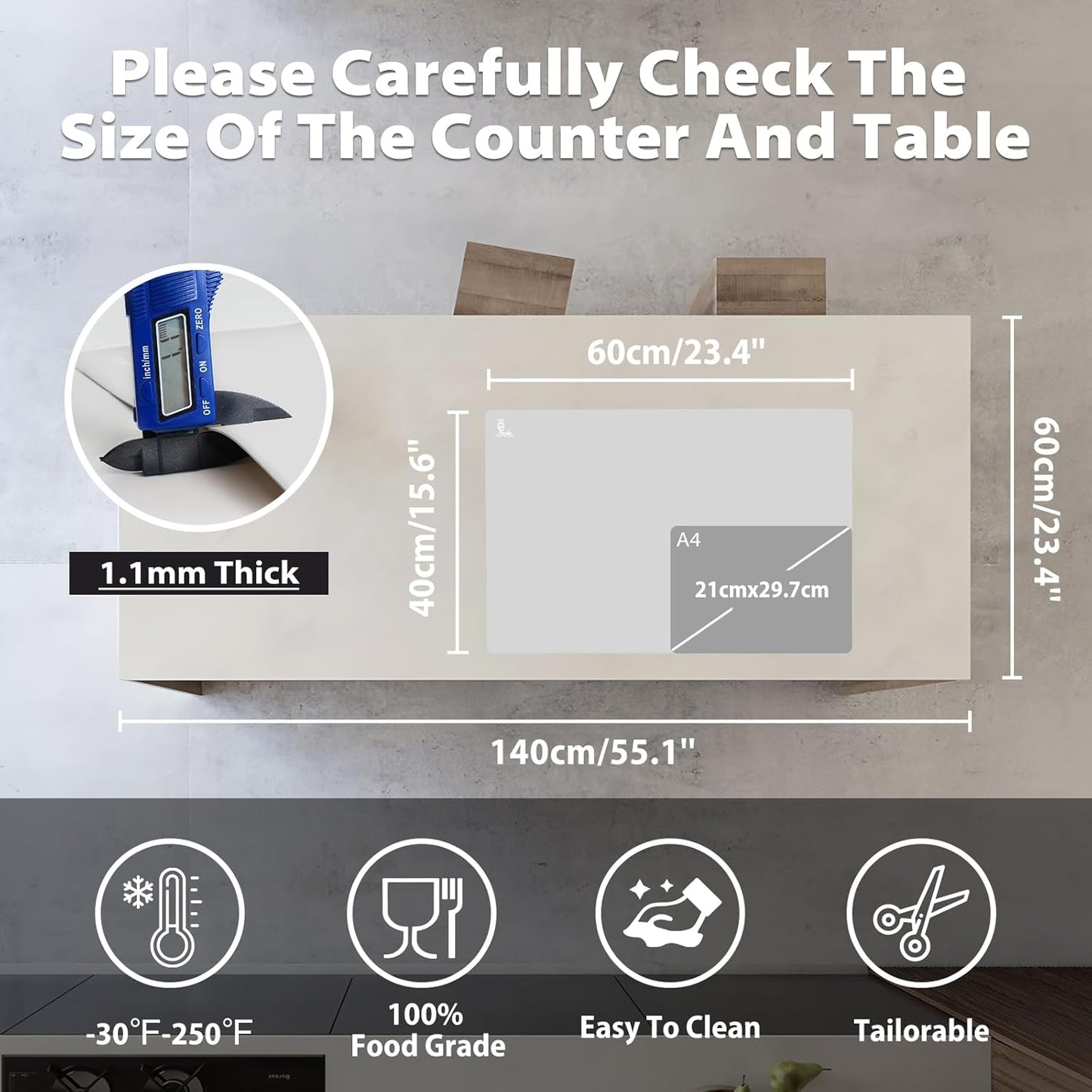 Thick Silicone Counter Mat Large 23.4"by15.6", Heat Resistant Mat for Kitchen Table/Countertop Protector/Non Stick Pastry Baking Placemats, Silicone Pad for Crafts Kids, Super Kitchen Clear