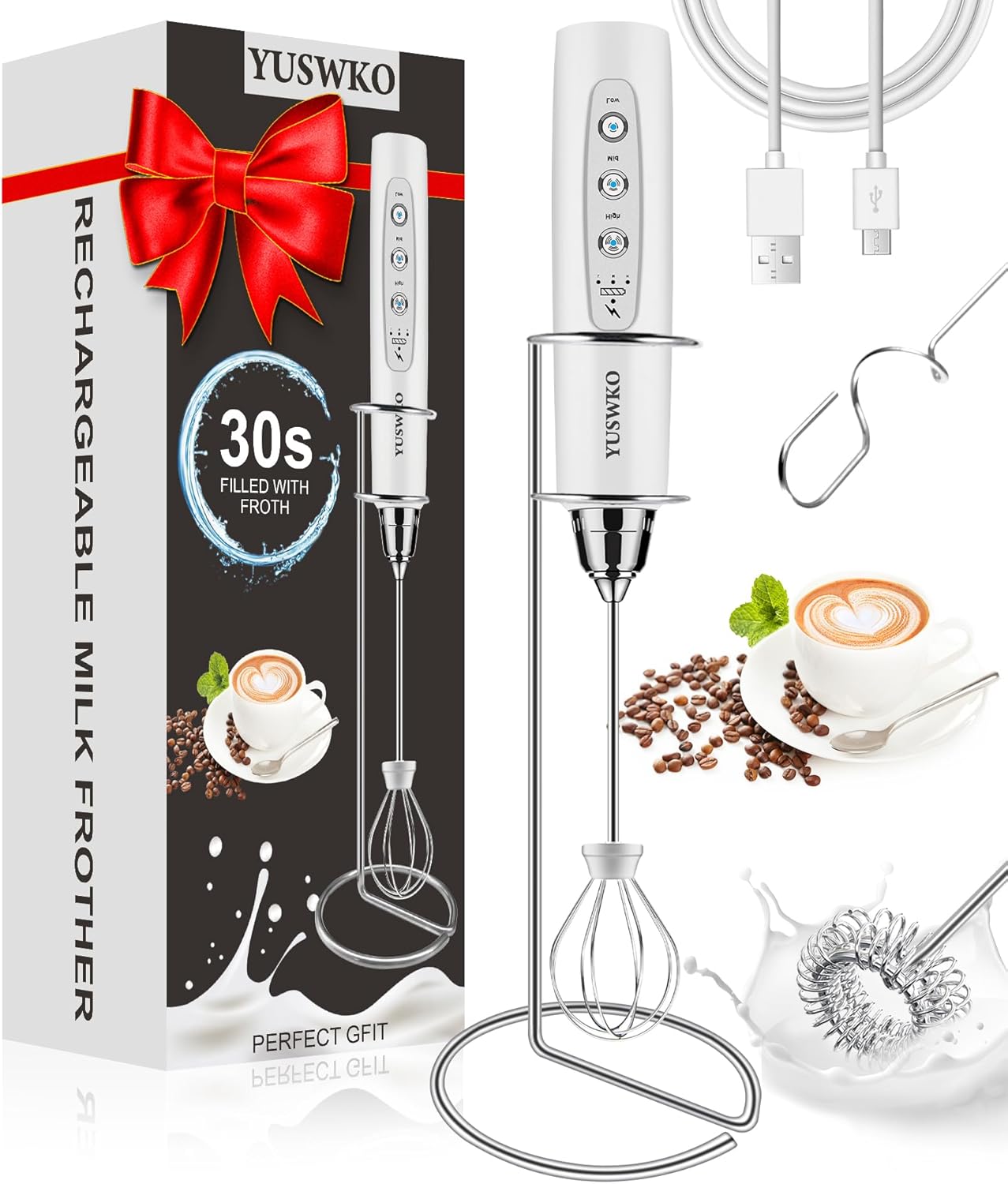 YUSWKO Black Handheld Milk Frother Wand for Coffee, Rechargeable Electric Whisk with 3 Heads 3 Speeds Drink Mixer Coffee Frother For Latte, Cappuccino, Hot Chocolate, Egg