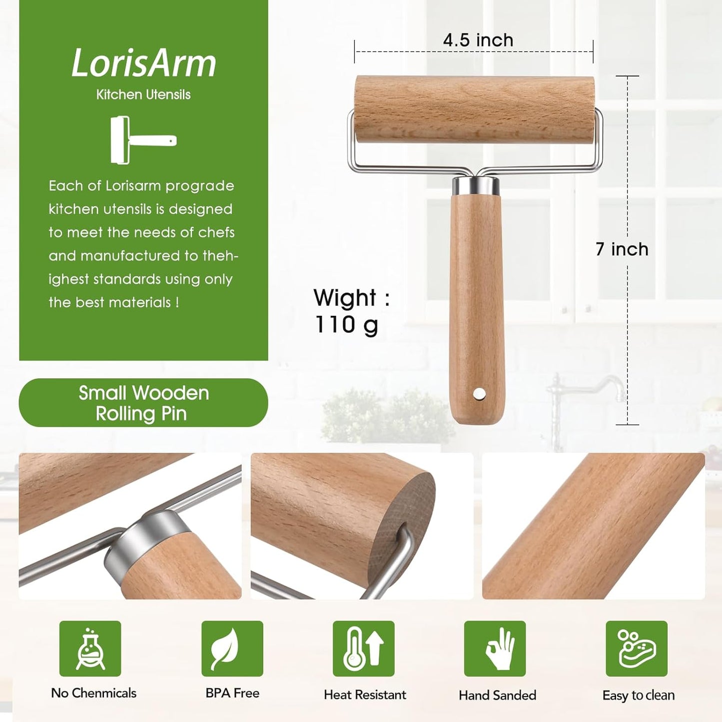 LorisArm Small Rolling Pin with Handle, Wooden Dough Pastry Roller, Non-Stick Pizza Rollers, mini Dough Wood Roller for Home Kitchen Baking Cooking