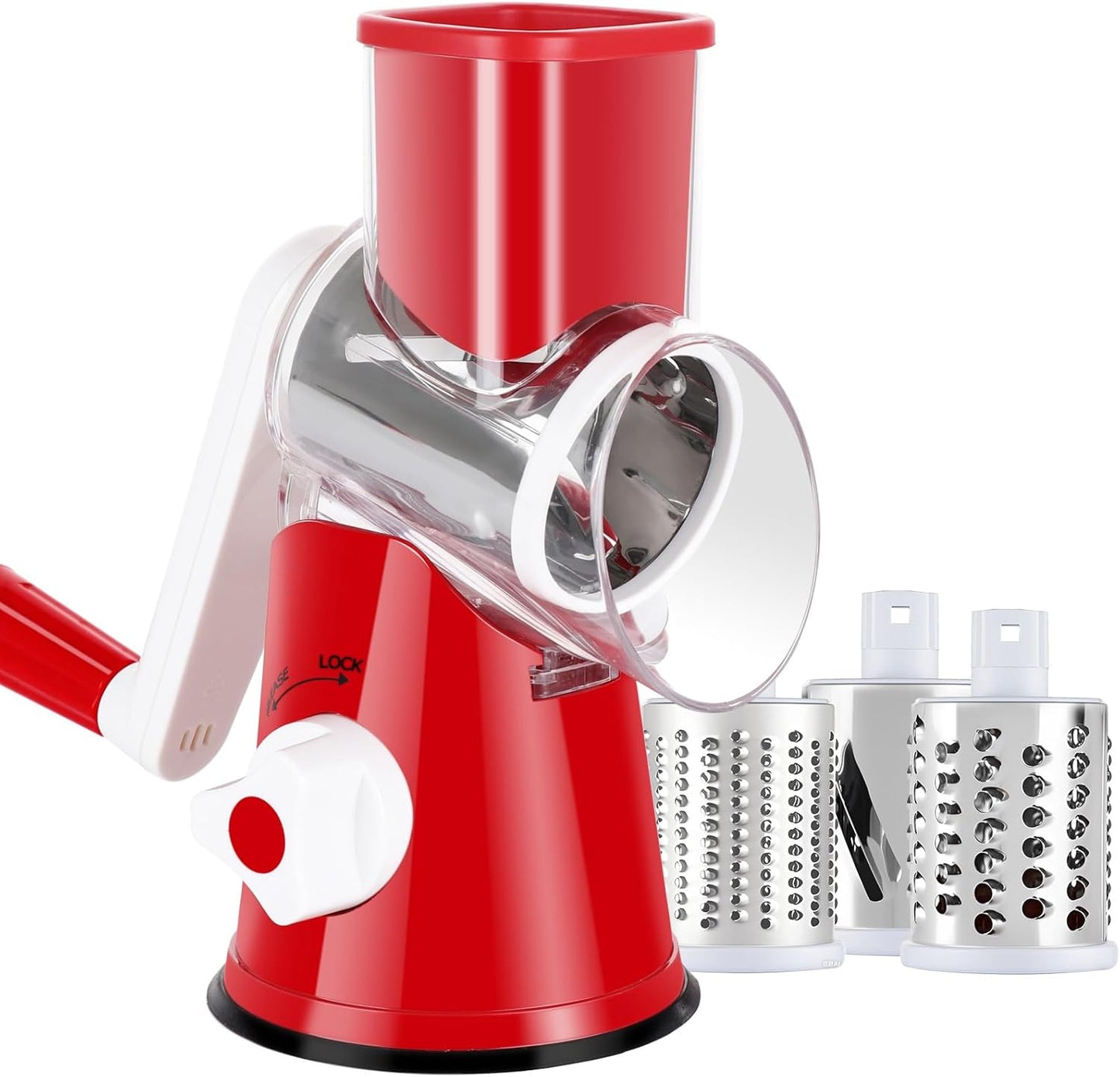 Rotary Cheese Grater with Handle, Round Mandoline Speed Kitchen Slicer, 3 in 1 Multifunctional Vegetable Shredder Manual Nut Grinder for Nuts, Potato, Carrot, Cucumber (Pink)